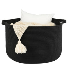 XUANGUO round blanket basket in black with soft cotton rope for easy blanket storage