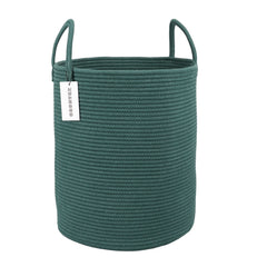 XUANGUO cotton rope laundry basket in dark green, full view, ideal for clutter-free laundry storage.