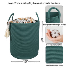 XUANGUO cotton rope basket with handles, side angle view, easy to move around living spaces.