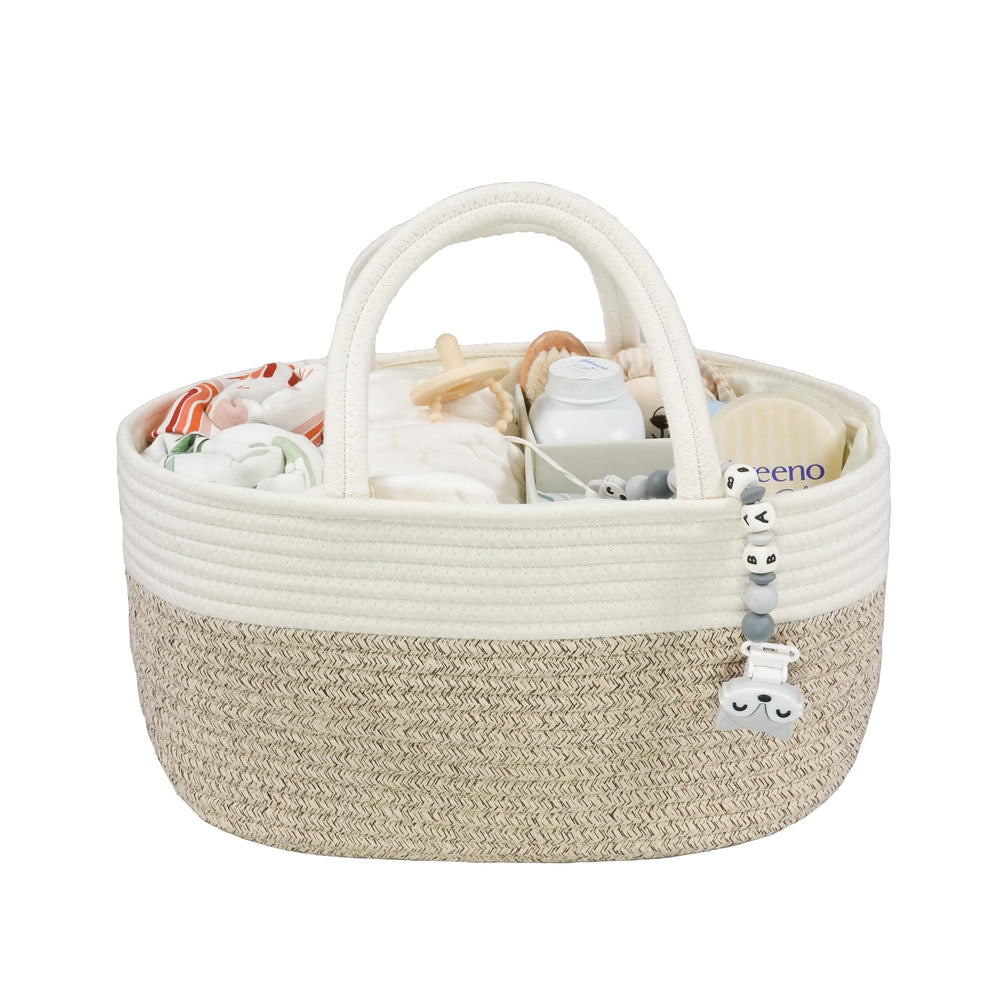 XUANGUO large diaper caddy organizer in white and brown keeps baby essentials within reach for quick changes.