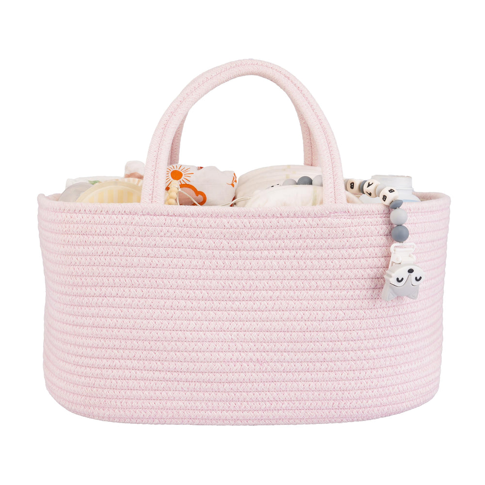 Xuanguo large diaper caddy in pink, front view showing organized storage within reach.