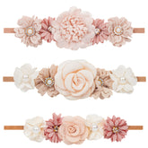 XuoAz baby girls floral headbands set, three-pack, soft fabric for gentle newborn comfort.