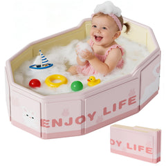 Xynzanic collapsible baby bath tub folded for compact storage and travel.