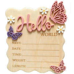 XYZRTLON wooden Hello World sign with butterfly and daisy in pink, ideal for nursery decor