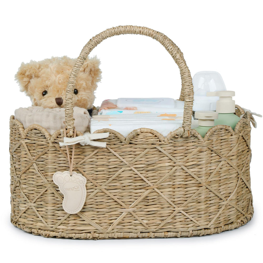 YANGQIHOME Diaper Caddy with seagrass weave for tidy nursery storage.