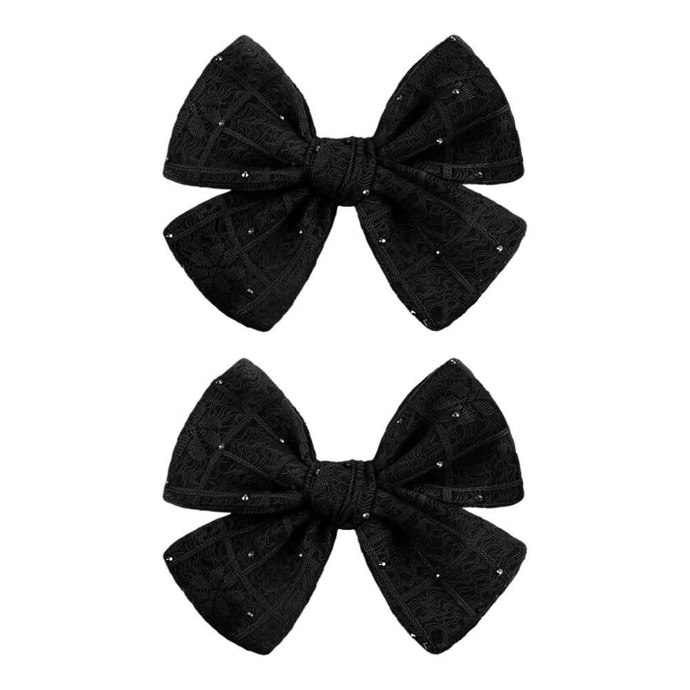 YanJie lace hair bow clip in black with rhinestones adds subtle sparkle for daily wear