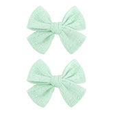 YanJie mint green lace bow clip front view with rhinestones for everyday charm