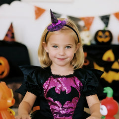 YanJie purple bow witch hat headband for cute Halloween outfits.