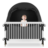 YAVIL blackout crib tent assembled for peaceful daytime naps and pet-free crib space.