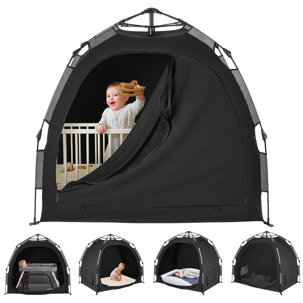 YAVIL Pack N Play blackout cover on the floor creates a dark, private sleep space for baby.