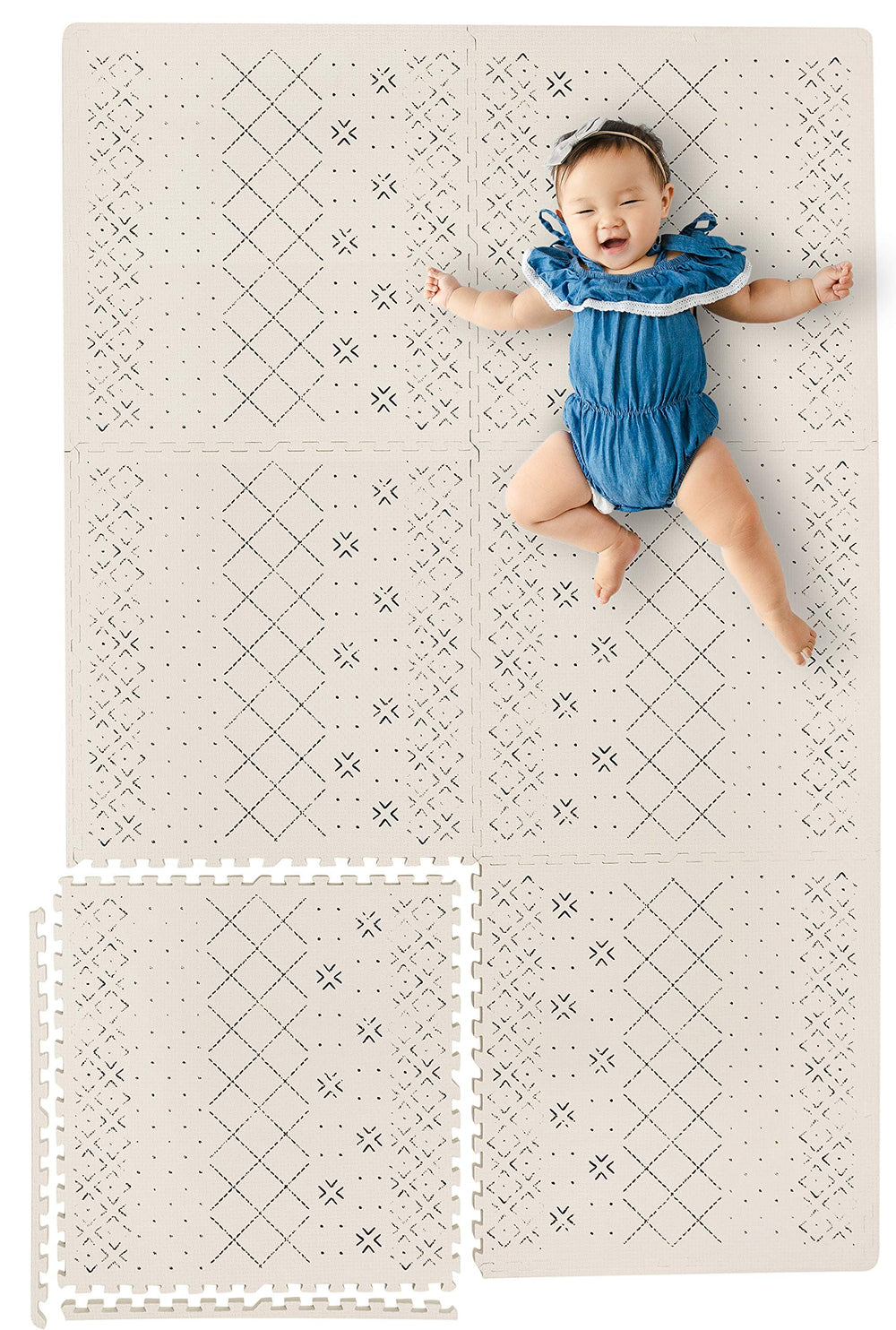 Yay! Mats Carter Mudcloth Tan tiles assembled create a soft, safe tummy time play area
