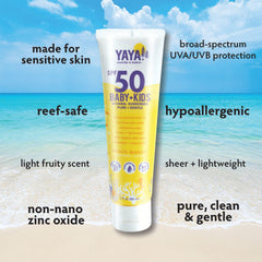 Close-up of YAYA ORGANICS sunscreen texture showing sheer, easy blend for delicate skin.