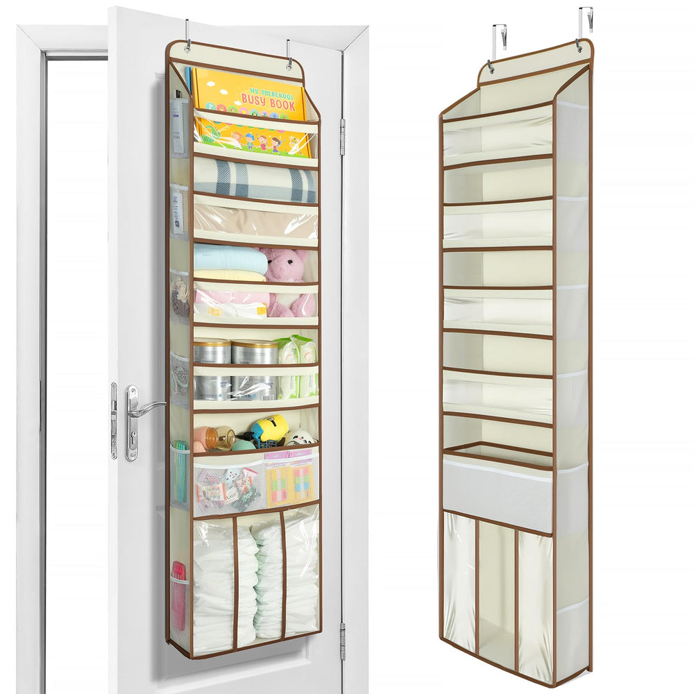 Yecaye 6-tier over-the-door organizer in beige with ample storage for garments and toys.