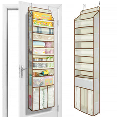 Yecaye 6-tier over-the-door organizer in beige with ample storage for garments and toys.
