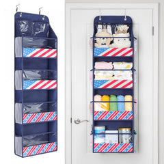Yecaye door organizer front view in navy showing roomy compartments for coats and towels.
