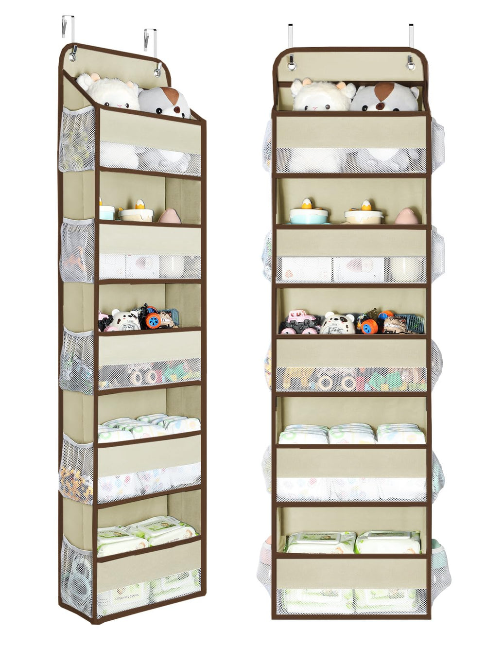 Yecaye beige over-the-door organizer with five large bins keeps nursery items organized.