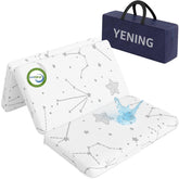 YENING trifold pack and play mattress folded in its travel bag for easy outdoor use.