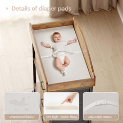YeTom Changing Table Dresser pad topper highlighting waterproof surface for quick cleaning.