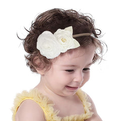 Yheahin baby headband close-up with fabric roses and soft stretch nylon for gentle wear.