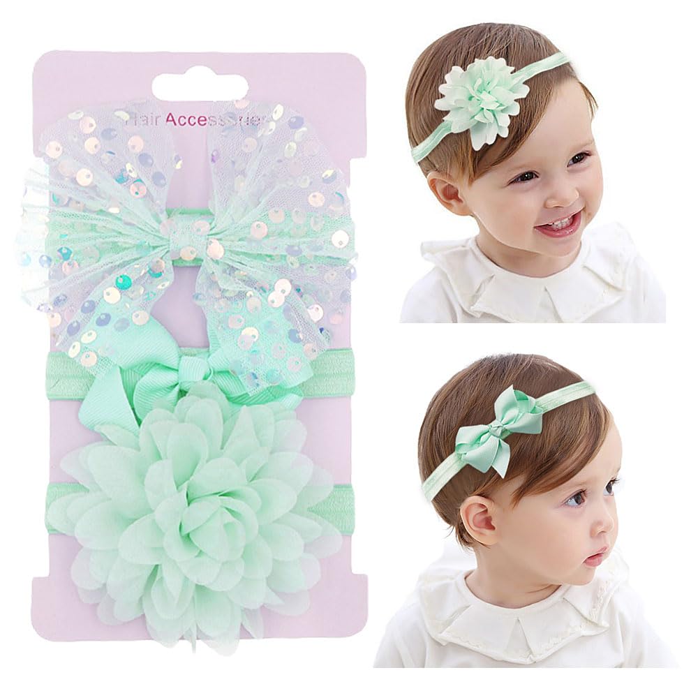 Yheahin green flower headband with soft elastic for delicate hair; ideal for newborn photos.