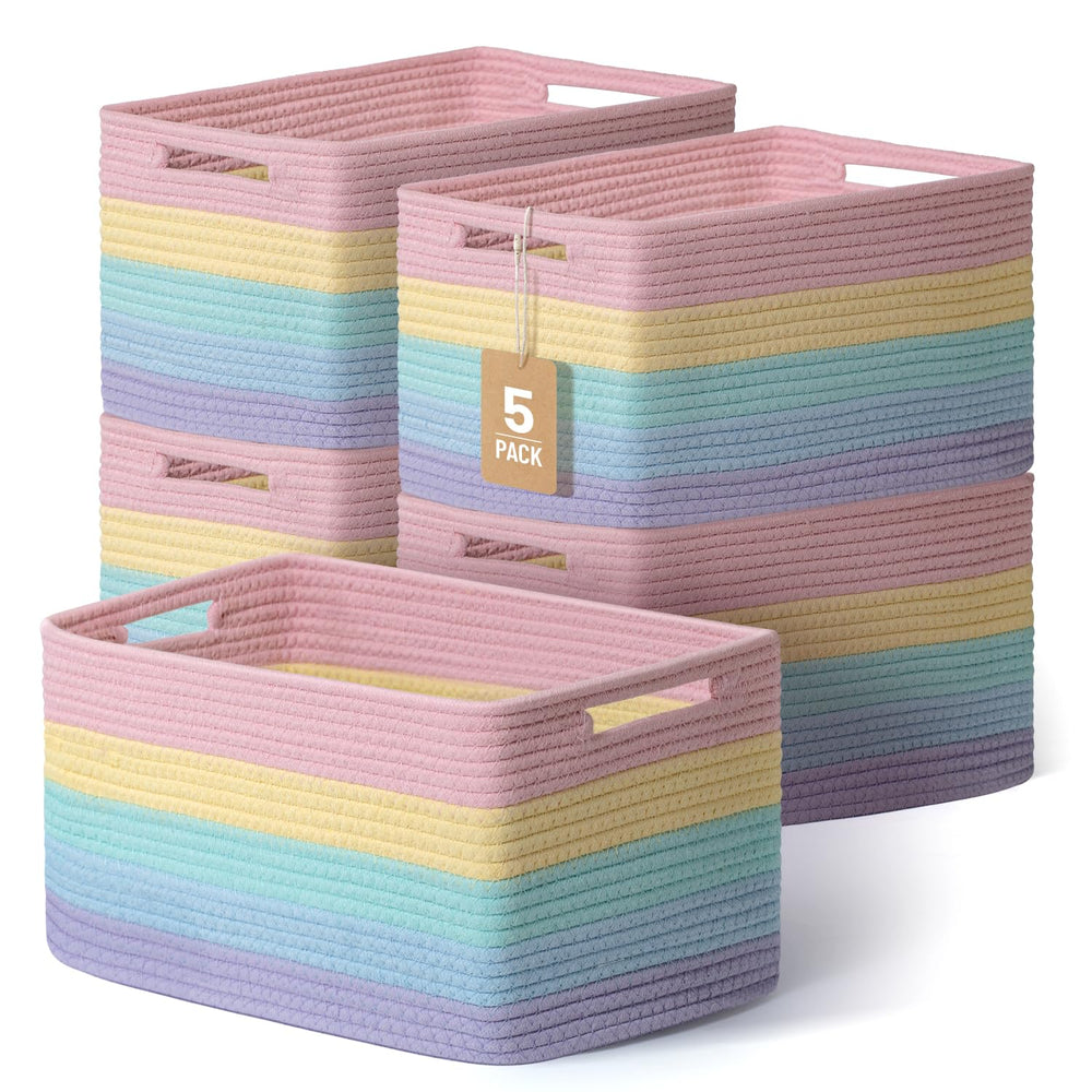 Yilobi rainbow woven basket on shelf keeps toys neatly organized