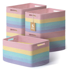 Yilobi rainbow woven basket on shelf keeps toys neatly organized