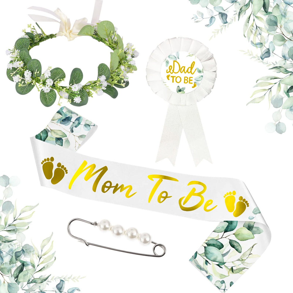 Yiphates mom-to-be sash with sage green leaves for elegant baby shower photos