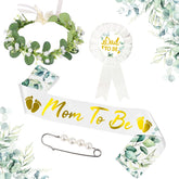 Yiphates mom-to-be sash with sage green leaves for elegant baby shower photos
