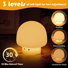 YISUN Mushroom Night Light side angle with soft glow for cozy nursery ambience.