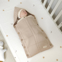 YIXPOH knit sleeping bag fits 0-6 months with room to grow.