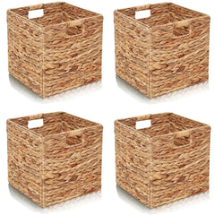 YJGYP9F water hyacinth cube basket on a shelf for organized storage.