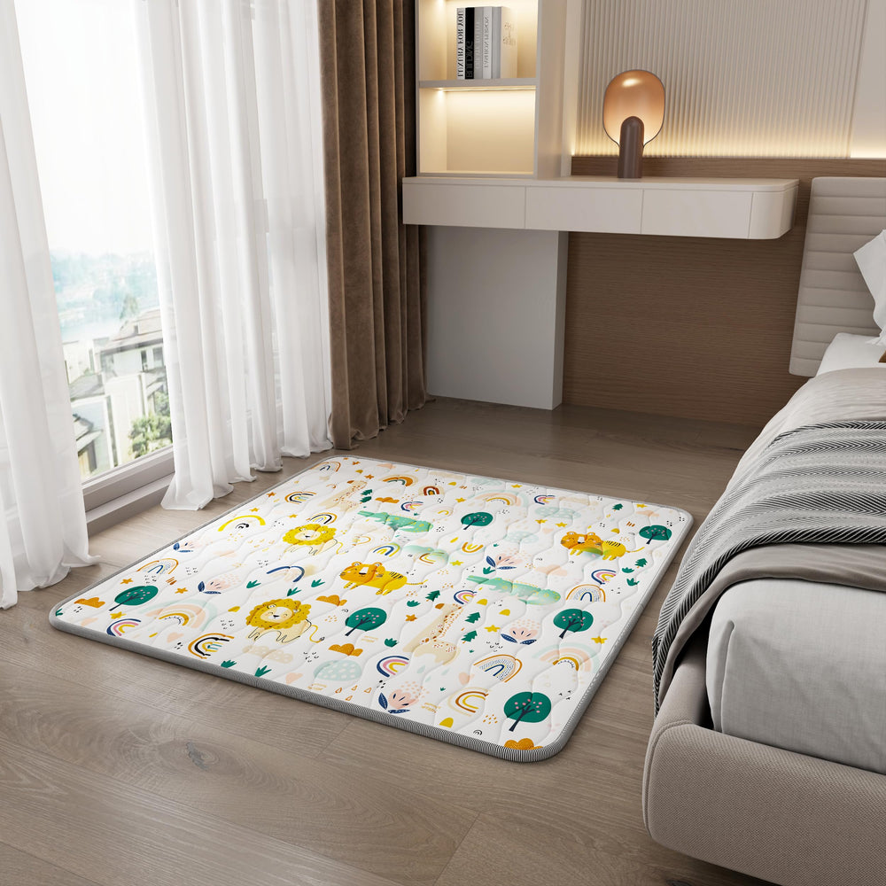 YJORIX baby play mat with rainbow animals for infants and toddlers.
