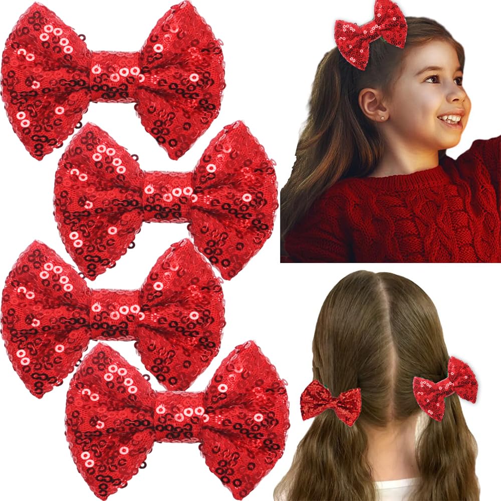 YLOIJO red glitter bow clip adds festive sparkle to a child's hairstyle
