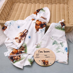Ylsteed Highland Cow headband blue on baby completes cute outfit while soothing routine