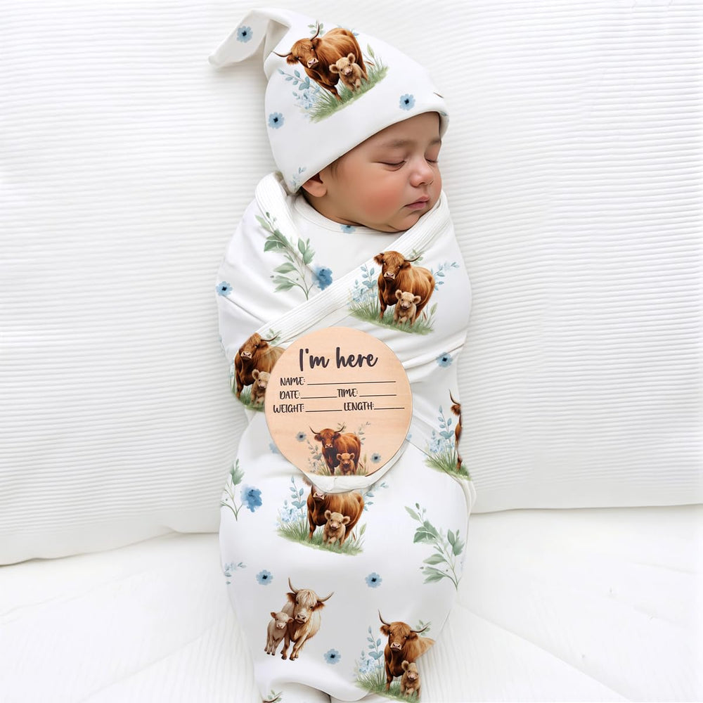 Ylsteed Highland Cow swaddle blanket blue, front view, soft fabric supports gentle newborn sleep