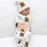 Ylsteed Highland Cow swaddle blanket blue, front view, soft fabric supports gentle newborn sleep