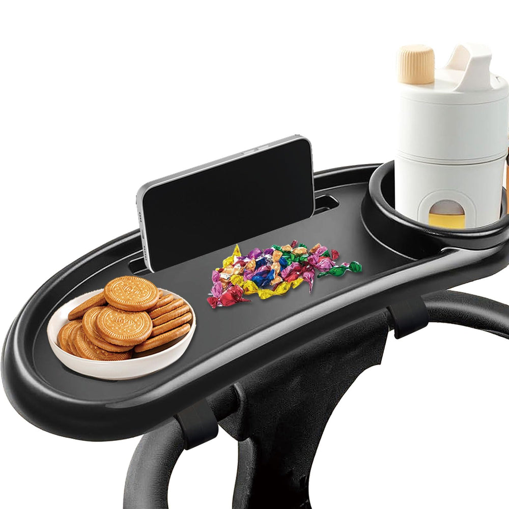 YMGN 3-in-1 stroller snack tray assembly showing quick setup on a stroller handle.