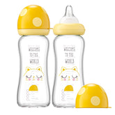YOHKOH glass baby bottle with wide neck for easy filling and cleaning.