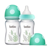YOHKOH natural glass baby bottle blue overview showing the wide mouth design for easy filling
