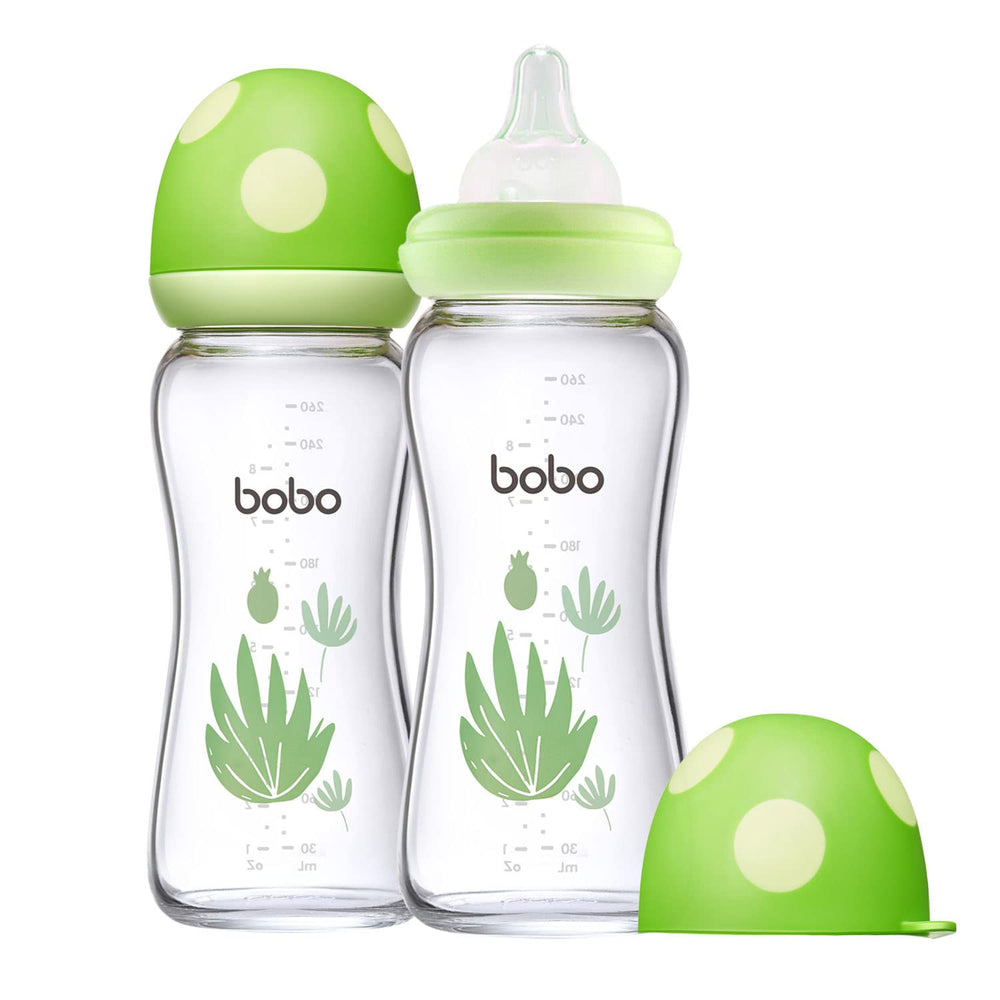 YOHKOH natural glass baby bottle with wide neck in green, 8.8 oz, easy cleaning.