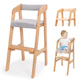 YOLEO wooden high chair front view with stable construction for growing children.