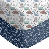 Yoofoss baby crib sheets in dark blue dinosaurs offer ultra-soft microfiber for gentle comfort.