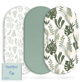 Yoofoss bassinet sheets in green leaf print with soft microfiber for comfort.