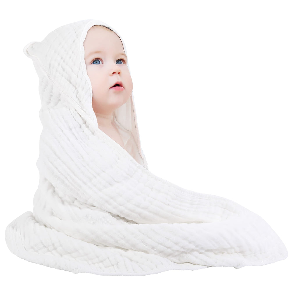 Yoofoss hooded baby towel in soft muslin fabric for gentle warmth after baths.