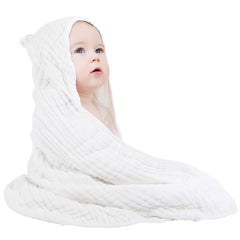 Yoofoss hooded baby towel in soft muslin fabric for gentle warmth after baths.
