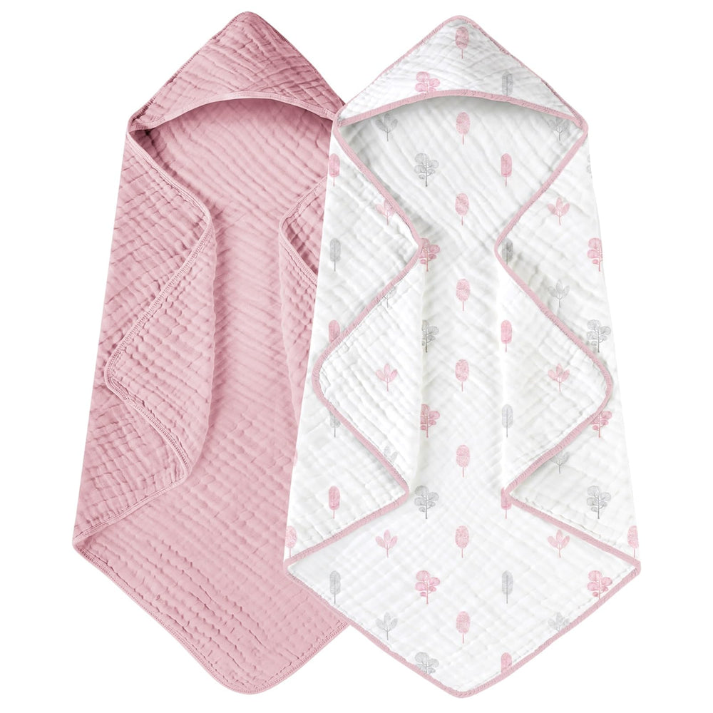 Yoofoss hooded towel with pink leaf design for gentle baby drying