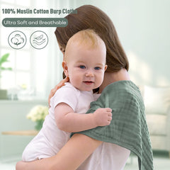 Yoofoss muslin burp cloths in dark green—gentle coverage for messes and spills.
