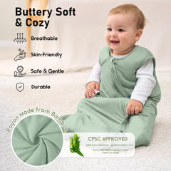 Yoofoss sleep sack close-up shows 1-0 tog warmth for year-round comfort.