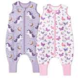 Yoofoss toddler sleep sack with feet on bed showing cozy fit and secure design.