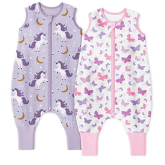 Yoofoss toddler sleep sack with feet on bed showing cozy fit and secure design.